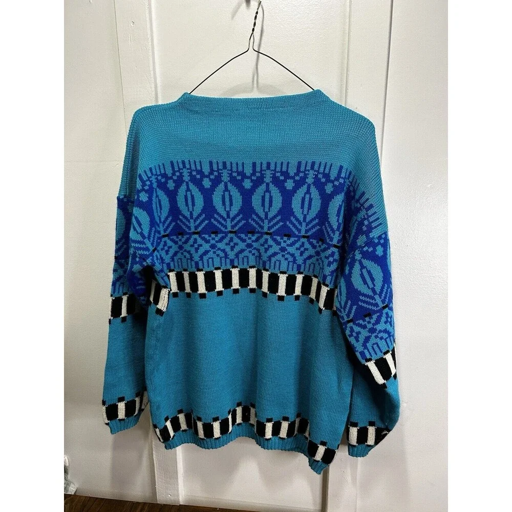 Vintage Color Block Blue And Black Knit Retro Sweater Womens Large